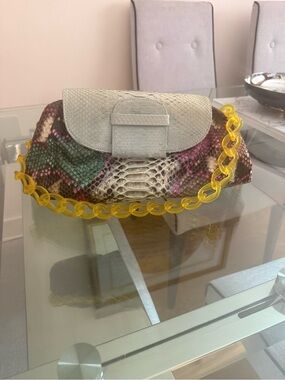 Ximena Kavalekas Multicolor Snakeskin Clutch with removable Yellow Chain Strap